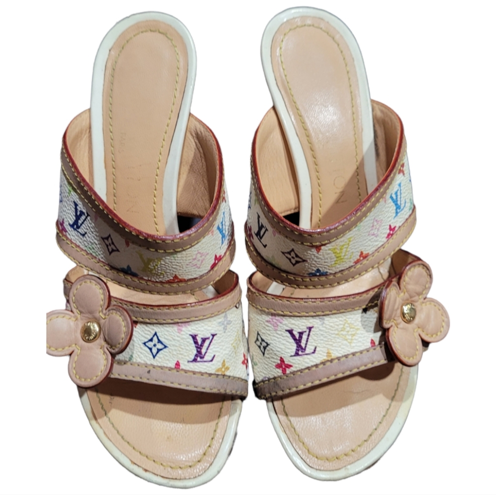 Louis Vuitton Lv Monogram White Multicolor Classic Floral Sandals Size EU  35